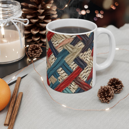 Colorful Yarn Knot: Denim-Inspired Fabric in Red, White, Light Blue - Ceramic Mug 11oz