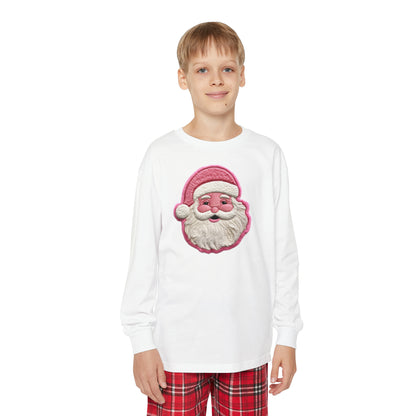 Pink Santa Chenille Patch Christmas Design - Youth Long Sleeve Holiday Outfit Set