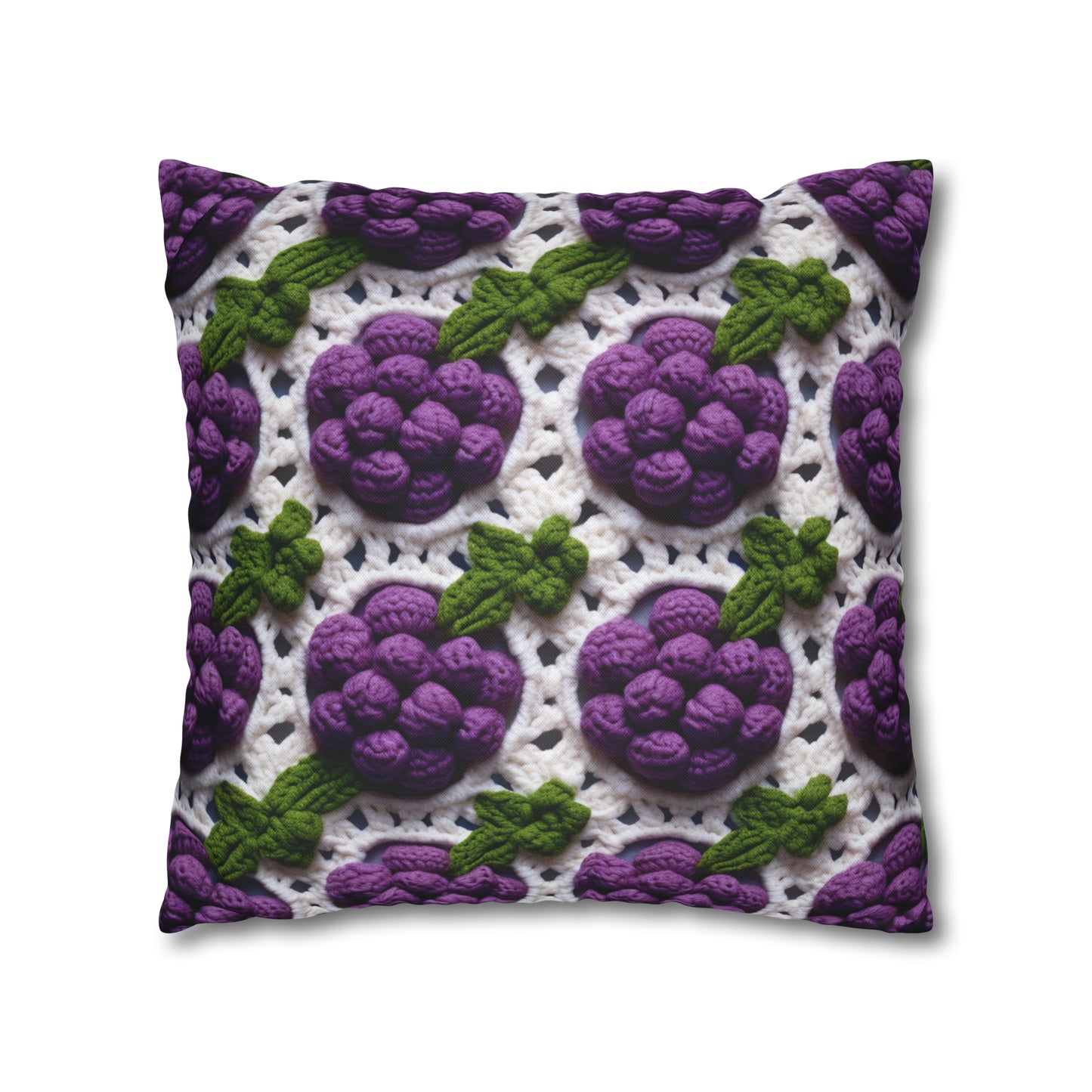 Crochet Grapes Pattern - Granny Square Design - Fresh Fruit Pick - Orchard Purple Snack Food - Spun Polyester Square Pillow Case