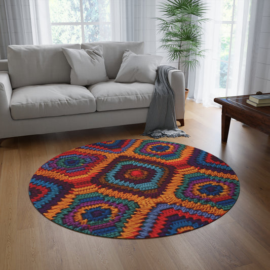 African Heritage Crochet, Vibrant Multicolored Design, Ethnic Craftwork - Round Rug