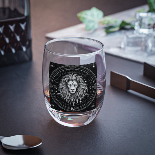 Vaso de whisky Leo Zodiac - Vidrio transparente resistente con base sólida - Diseño místico en blanco y negro