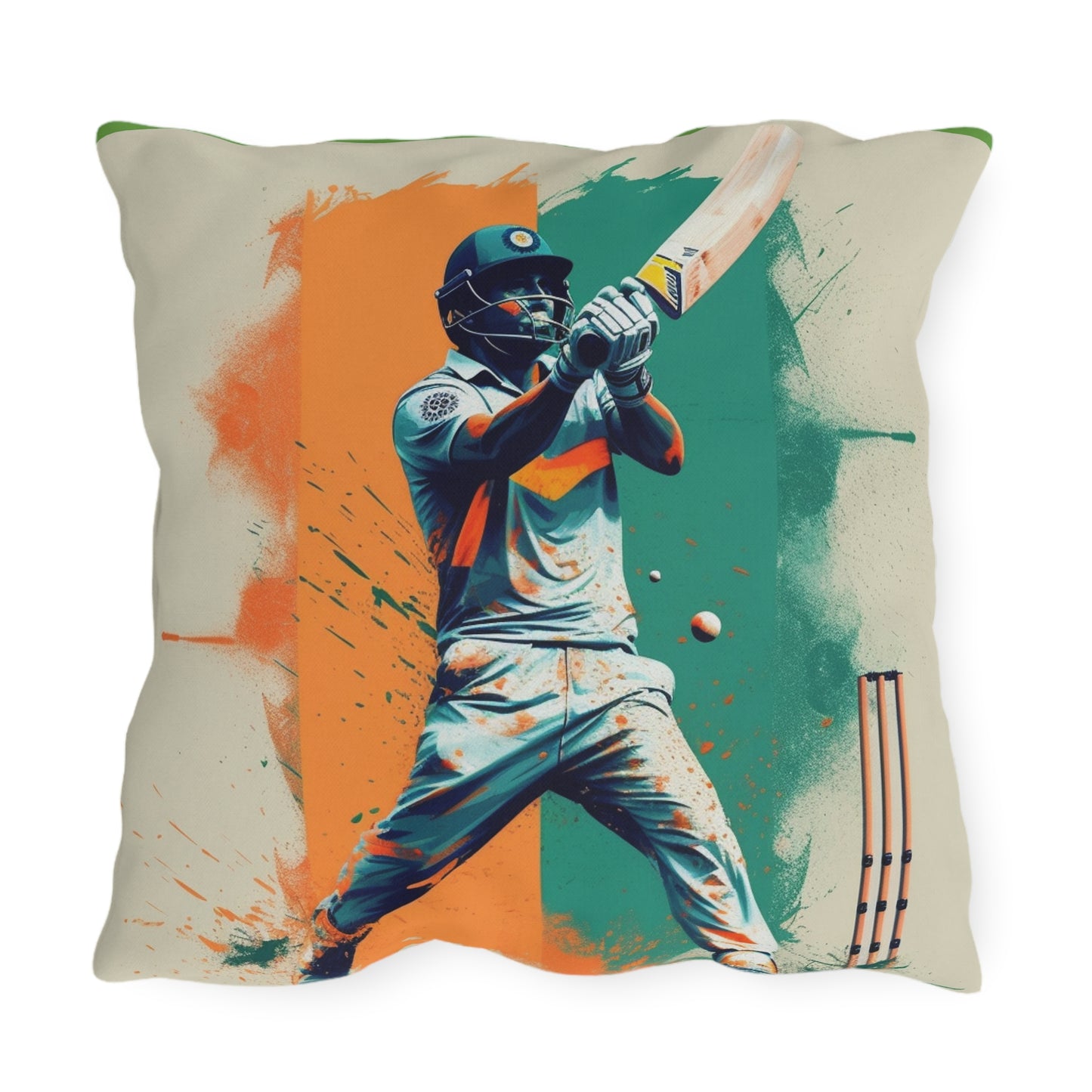 Cricket Batsman, Ball Strike, Indian Flag Color Background - Street Style - Outdoor Pillows