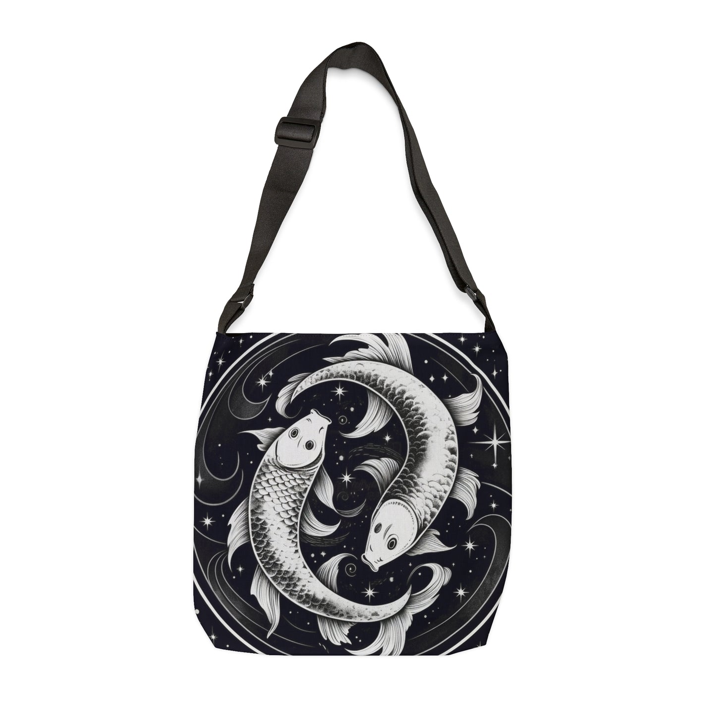 Bolso de mano del zodiaco Piscis, diseño de pez blanco y negro, 100% poliéster hilado, correa ajustable