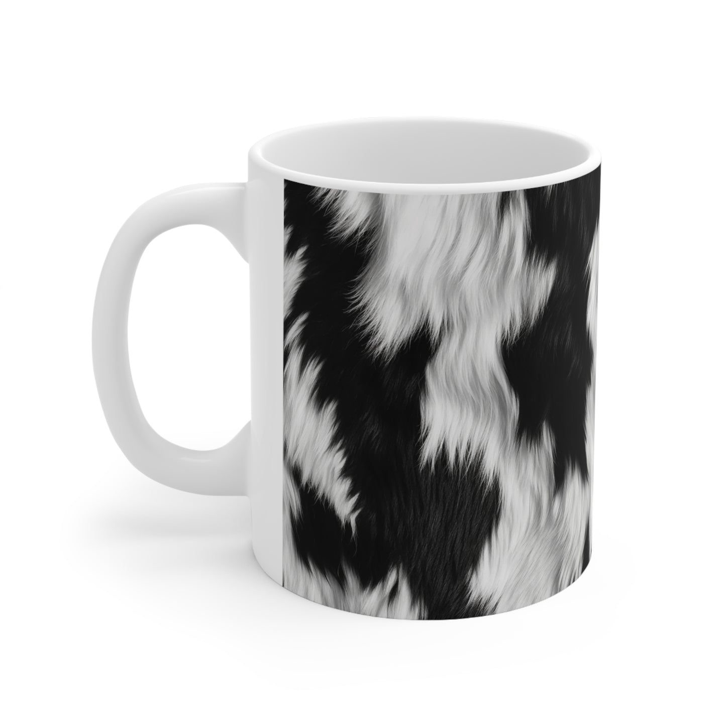 Piel de vaca sobre cuero de pelo - Blanco y negro - Estilo de diseñador - Taza de cerámica 11oz 