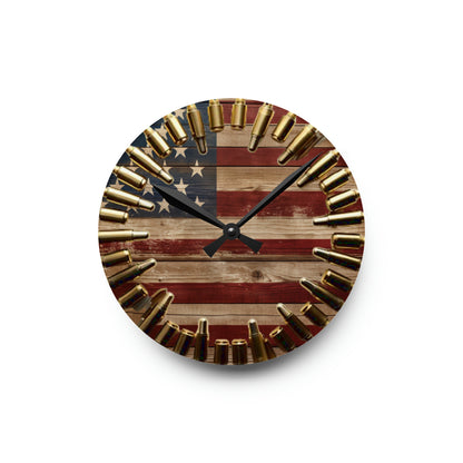 Patriotic American Flag Acrylic Wall Clock, Rustic USA Wall Decor, Hunter's Gift, Americana Pride, Stars & Stripes Timepiece