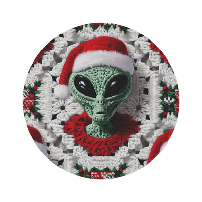 Santa's Cosmic Secret: Jolly Green Christmas Extraterrestrial with Festive Attire Crochet Art - Round Rug