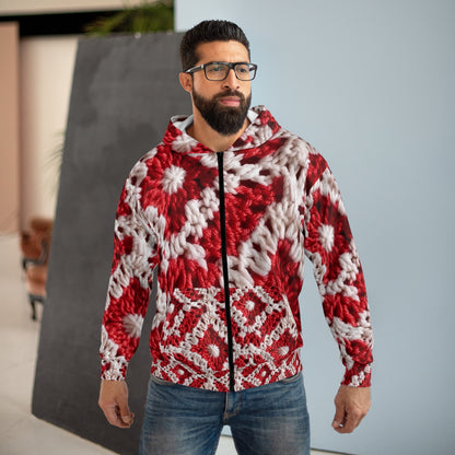 Warm Winter Red & White Crochet Knit: Cinematic Chic Texture Design - Unisex Zip Hoodie (AOP)