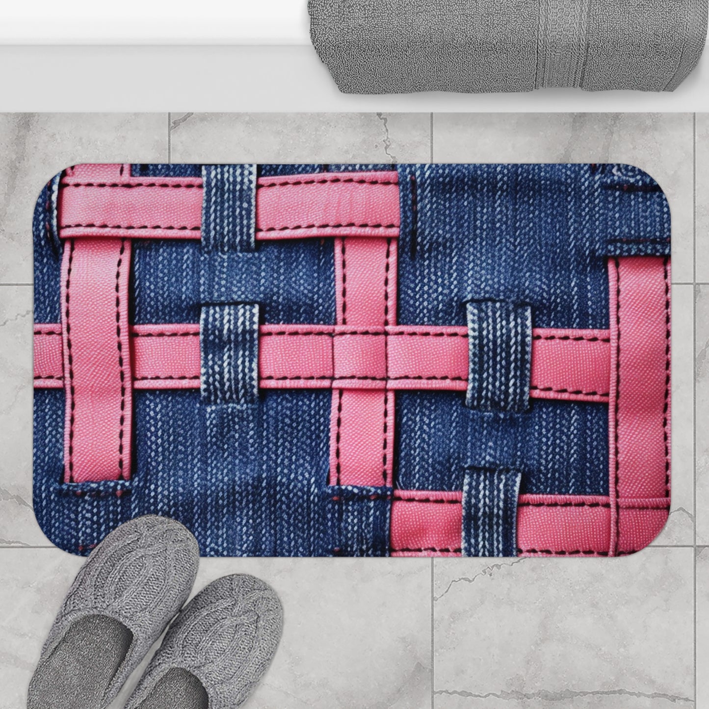 Candy-Striped Crossover: Pink Denim Ribbons Dancing on Blue Stage - Bath Mat