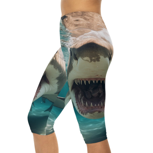 Bull Shark: River Monster Menace - Realistic Dark Water Predator - Women’s Capri Leggings (AOP)