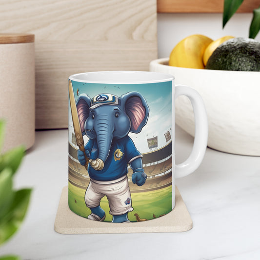 India Elephant Cricket Sport Star: Pitch, Run, Stump Game - Encanto animado - Taza de cerámica de 11 oz