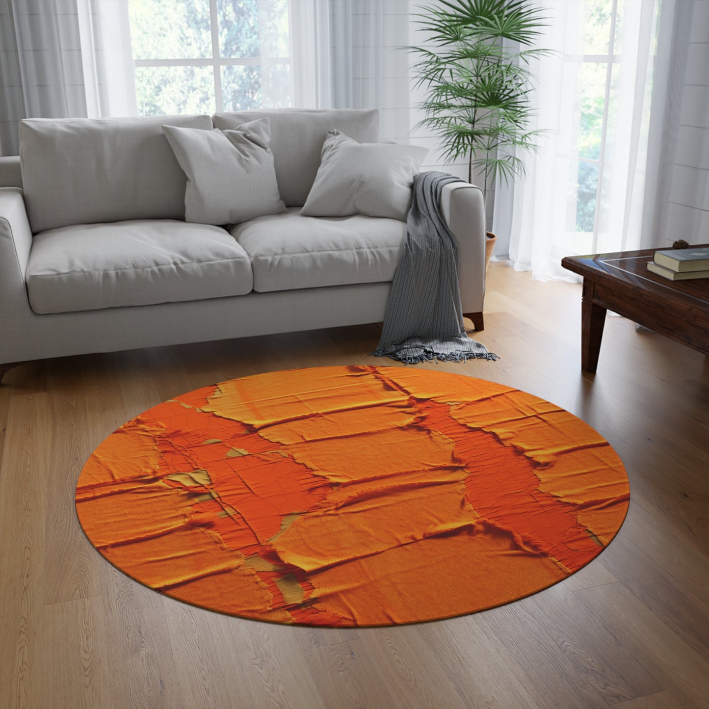 Fiery Citrus Orange: Edgy Distressed, Denim-Inspired Fabric - Round Rug