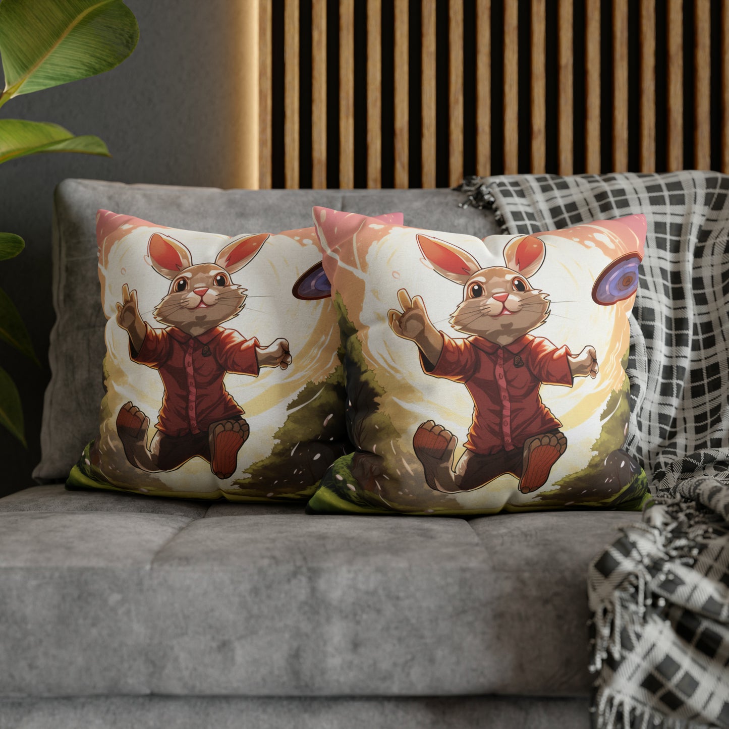 Disc Golf Rabbit: Bunny Aiming Frisbee for Basket Chain - Spun Polyester Square Pillow Case