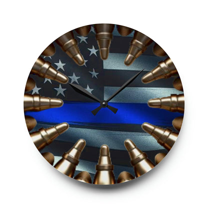 Thin Blue Line Acrylic Wall Clock - Patriotic Police Honor, Faux Bullet Emblem, American Flag Timepiece