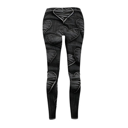 Negro azabache: diseño de bordado de corazón de tela inspirada en mezclilla desgastada - Leggings casuales cortados y cosidos para mujer (AOP) 