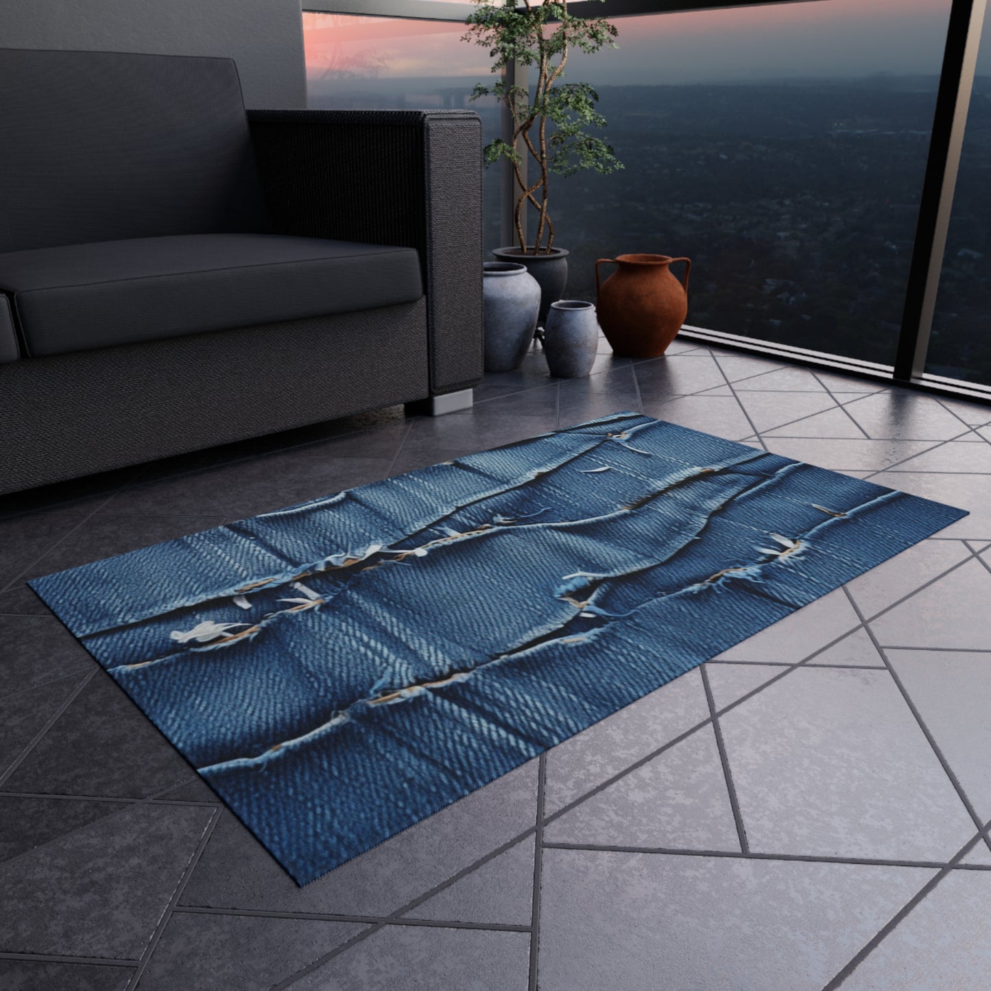 Midnight Blue Distressed Denim: Rugged, Torn & Stylish Design - Outdoor Rug