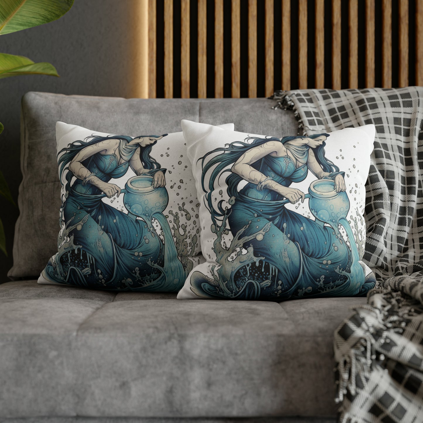 Aquarius Zodiac Symbol - Girl Pouring Water, Hand-Drawn Style - Spun Polyester Square Pillow Case