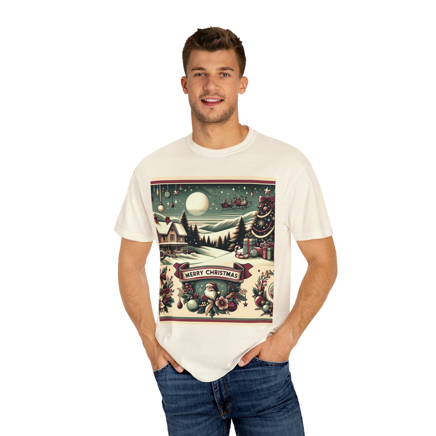 Holiday Charm: Classic Retro Christmas Scene with Santa - 1950s Nostalgic - Unisex Garment-Dyed T-shirt