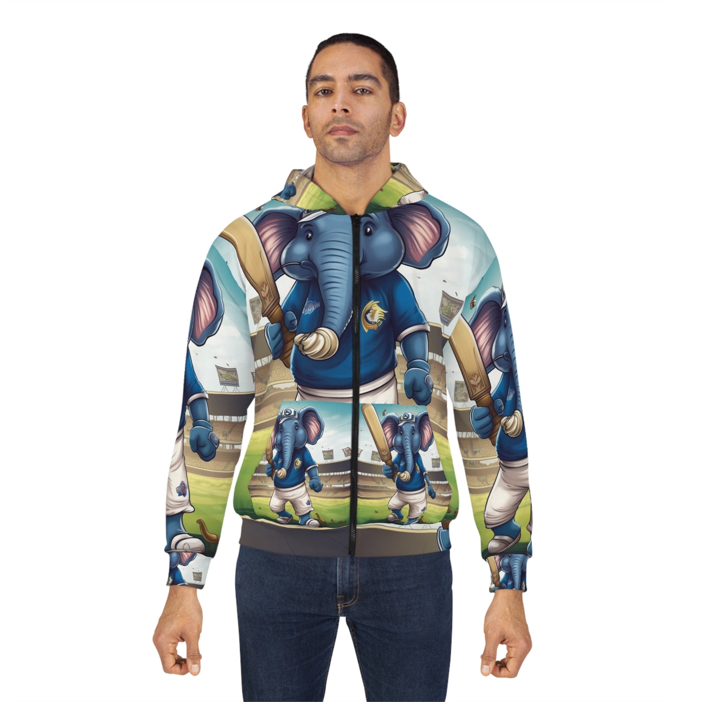 India Elephant Cricket Sport Star: Pitch, Run, Stump Game - Animated Charm - Unisex Zip Hoodie (AOP)