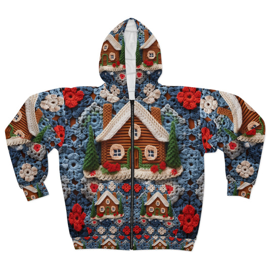Cottagecore Log Cabin Crochet, Christmas Winter House Design, Rustic Holiday - Unisex Zip Hoodie (AOP)
