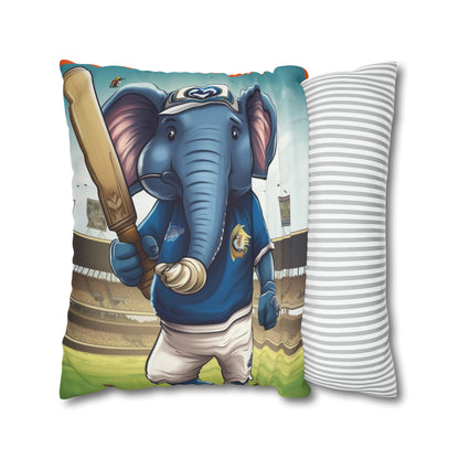 India Elephant Cricket Sport Star: Pitch, Run, Stump Game - Animated Charm - Spun Polyester Square Pillow Case