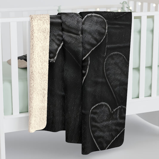Black: Distressed Denim-Inspired Fabric Heart Embroidery Design - Sherpa Fleece Blanket