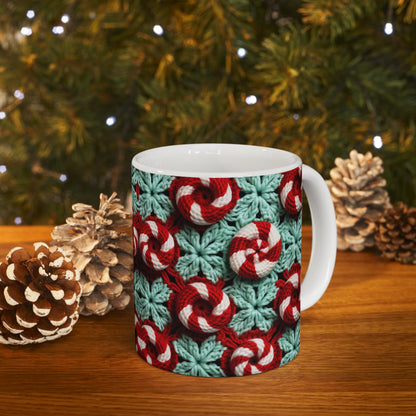 Bastón de caramelo de ganchillo navideño - Patrón navideño blanco y cristal rojo pimienta - Taza de cerámica de 11 oz