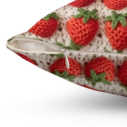 Strawberry Traditional Japanese, Crochet Craft, Fruit Design, Red Berry Pattern - Spun Polyester Square Pillow