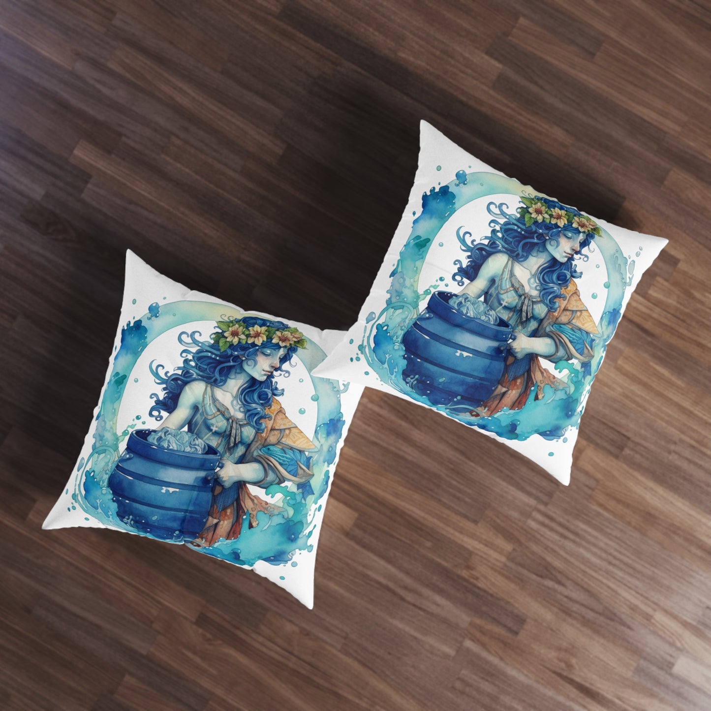 Artistic Aquarius Zodiac - Watercolor Water-Bearer Depiction - Tufted Floor Pillow, Square