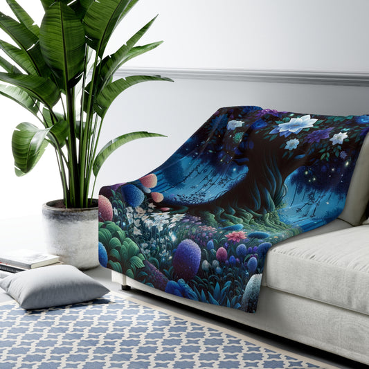 Starry Night Bloom: Magical Garden and Celestial Tree Art - Sherpa Fleece Blanket