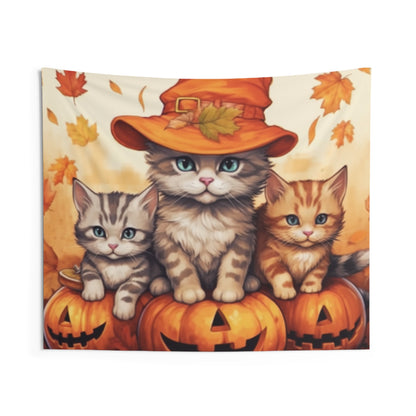 Kitty Cat Kittens Halloween - Cute Furries on Pumpkin - Festive Feline Decor - Indoor Wall Tapestries