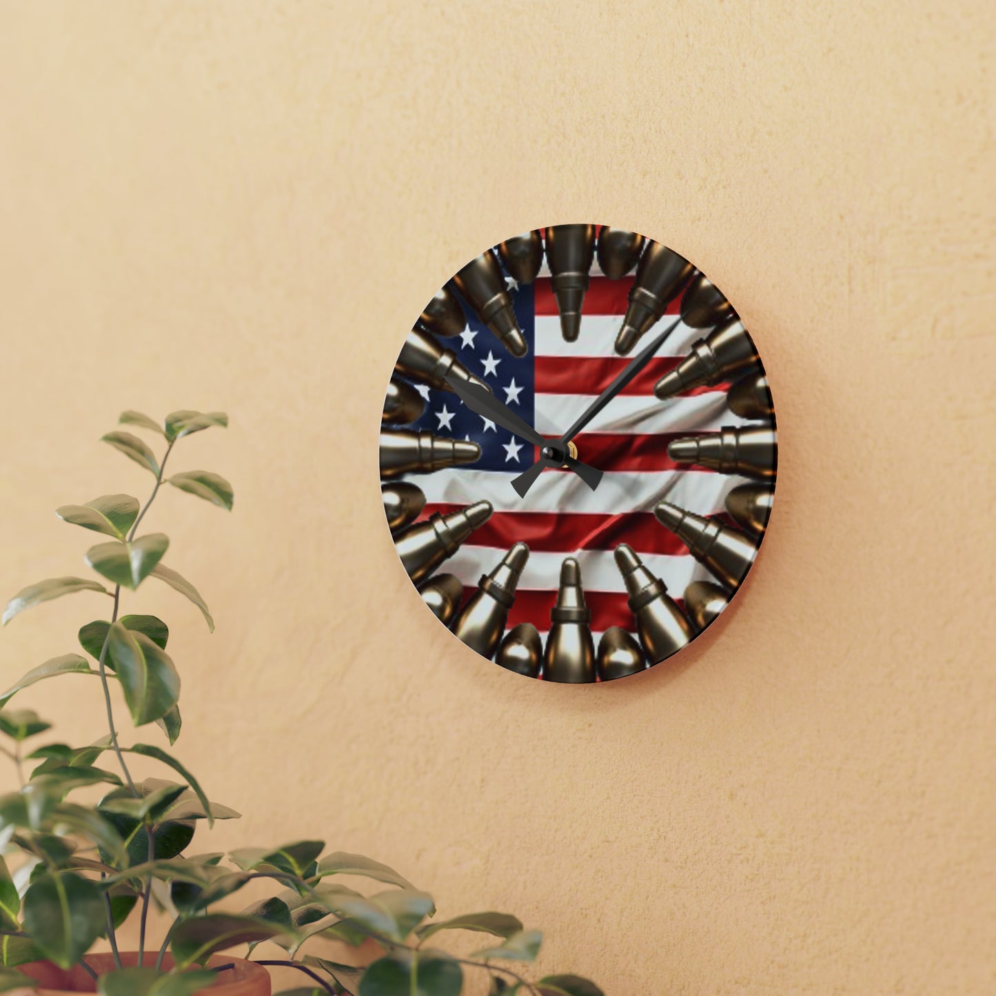 American Valor Acrylic Wall Clock - Patriotic Bullet Array, Non-Live Ammunition, Stars and Stripes Display, Heroic USA Timepiece