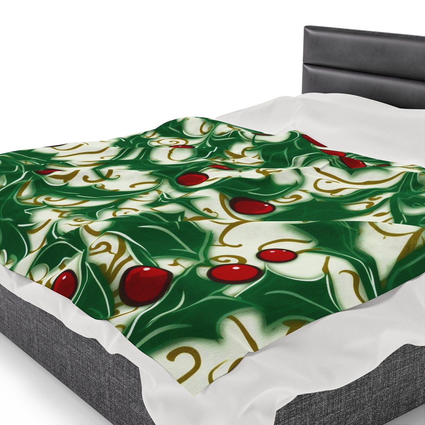 Holiday Elegance: Christmas Holly Swirls Design - Velveteen Plush Blanket