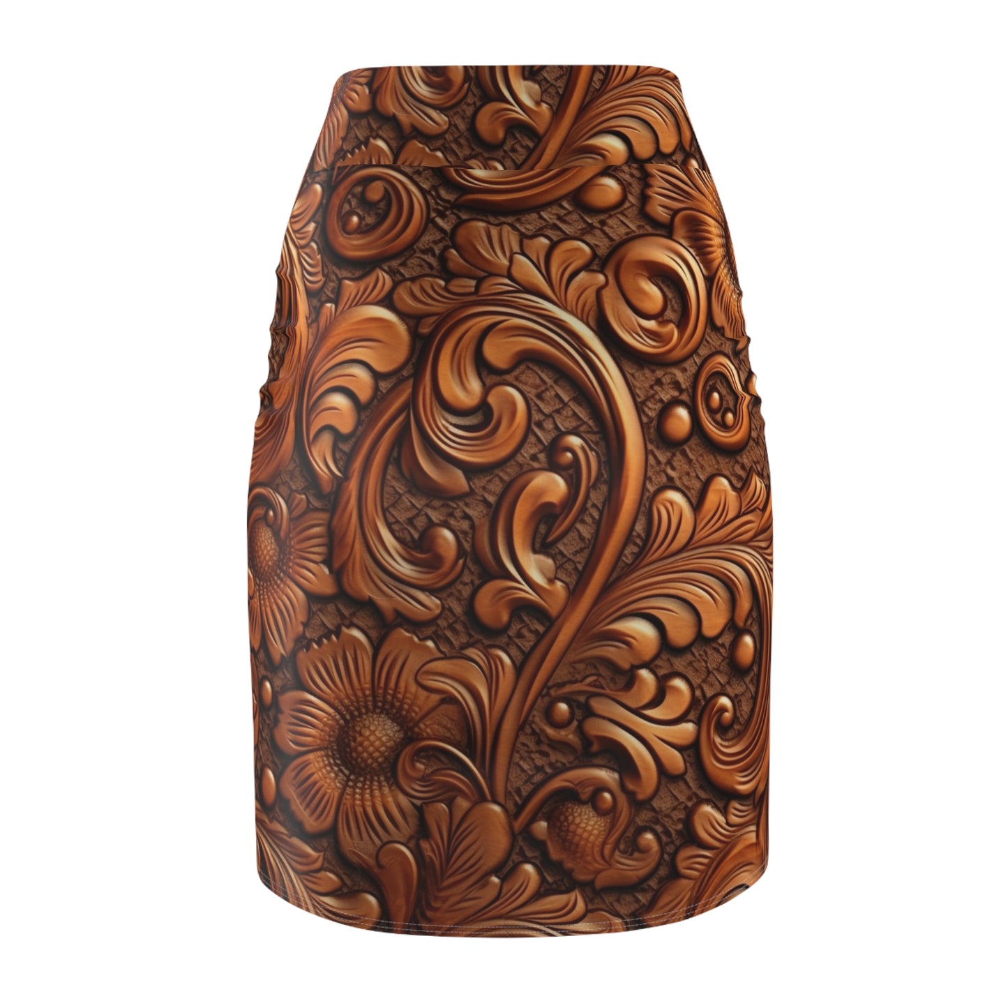 Leather Flower Cognac Classic Brown Timeless American Cowboy Design - Women's Pencil Skirt (AOP)