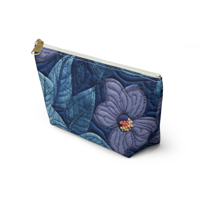 Floral Embroidery Blue: Denim-Inspired, Artisan-Crafted Flower Design - Accessory Pouch w T-bottom