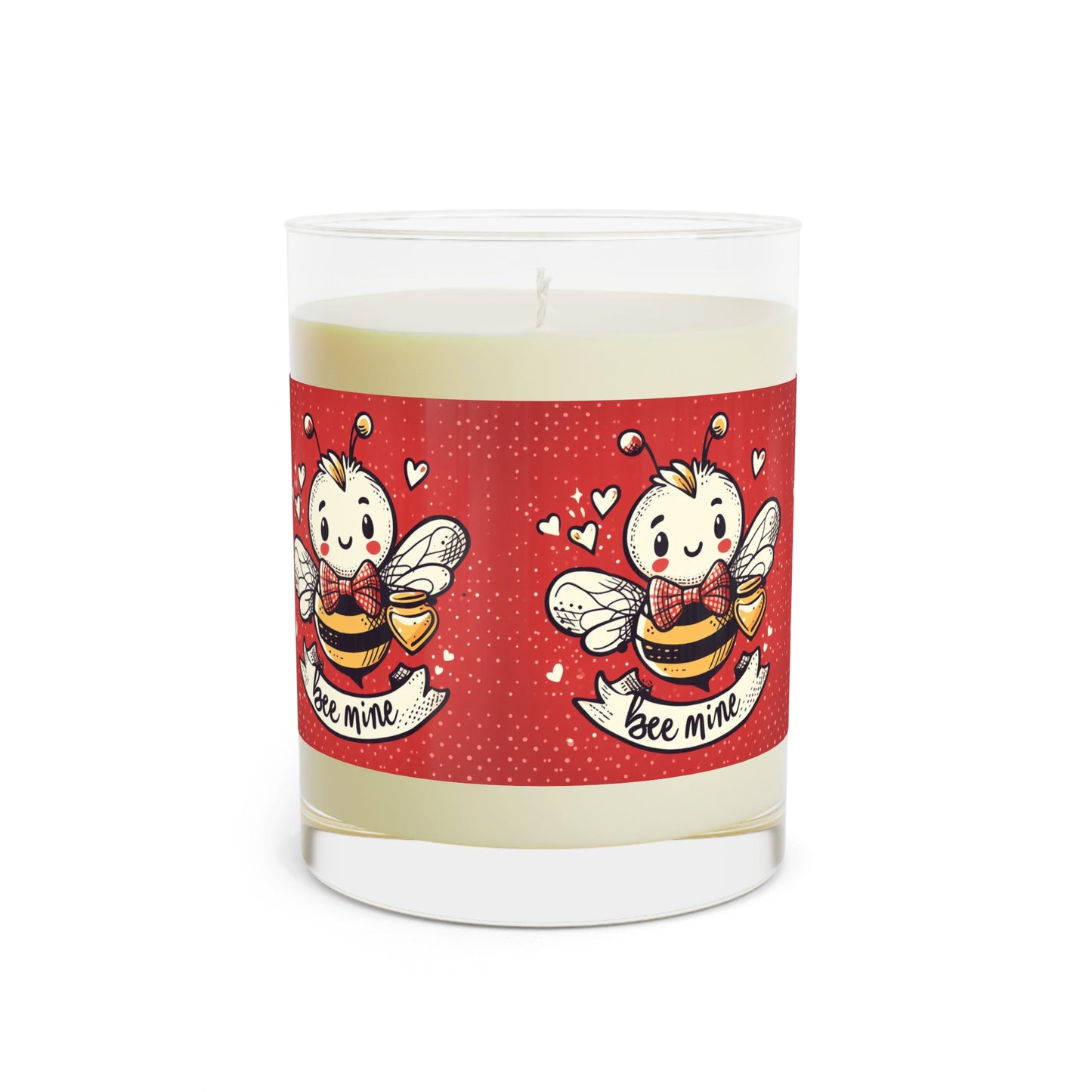 Valentine's Day Bee Illustration, Cute Bumblebee with Honey, Love Hearts, Whimsical Insect Artwork - Scented Candle - Full Glass, 11oz