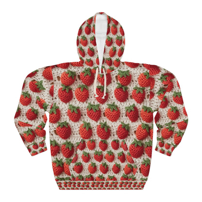 Strawberry Traditional Japanese, Crochet Craft, Fruit Design, Red Berry Pattern - Unisex Pullover Hoodie (AOP)