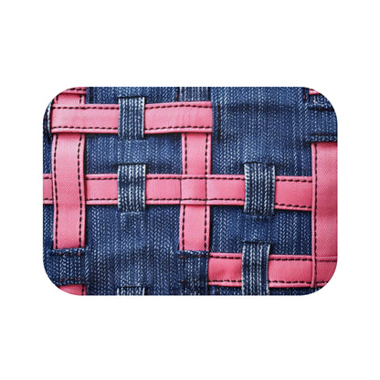 Candy-Striped Crossover: Pink Denim Ribbons Dancing on Blue Stage - Bath Mat