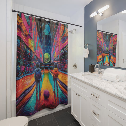 Trippy Bowling Alley: Retro-Futuristic Pin Strike Zone - Shower Curtains