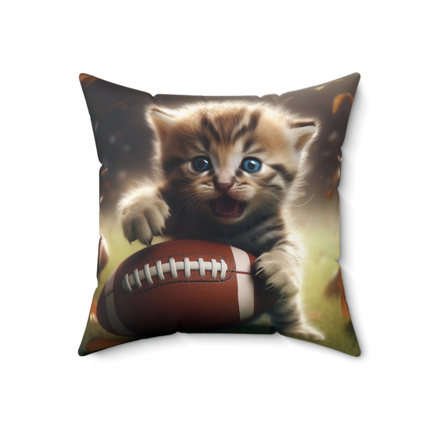 Football Kitten Touchdown: Tabby's Winning Play Sport Game - Spun Polyester Square Pillow