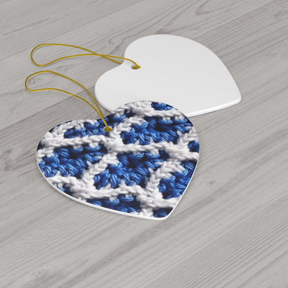 Blueberry Blue Crochet, White Accents, Classic Textured Pattern - Ceramic Ornament, 4 Shapes