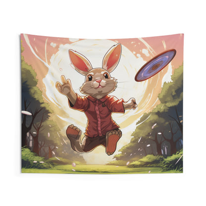 Disc Golf Rabbit: Bunny Aiming Frisbee for Basket Chain - Indoor Wall Tapestries