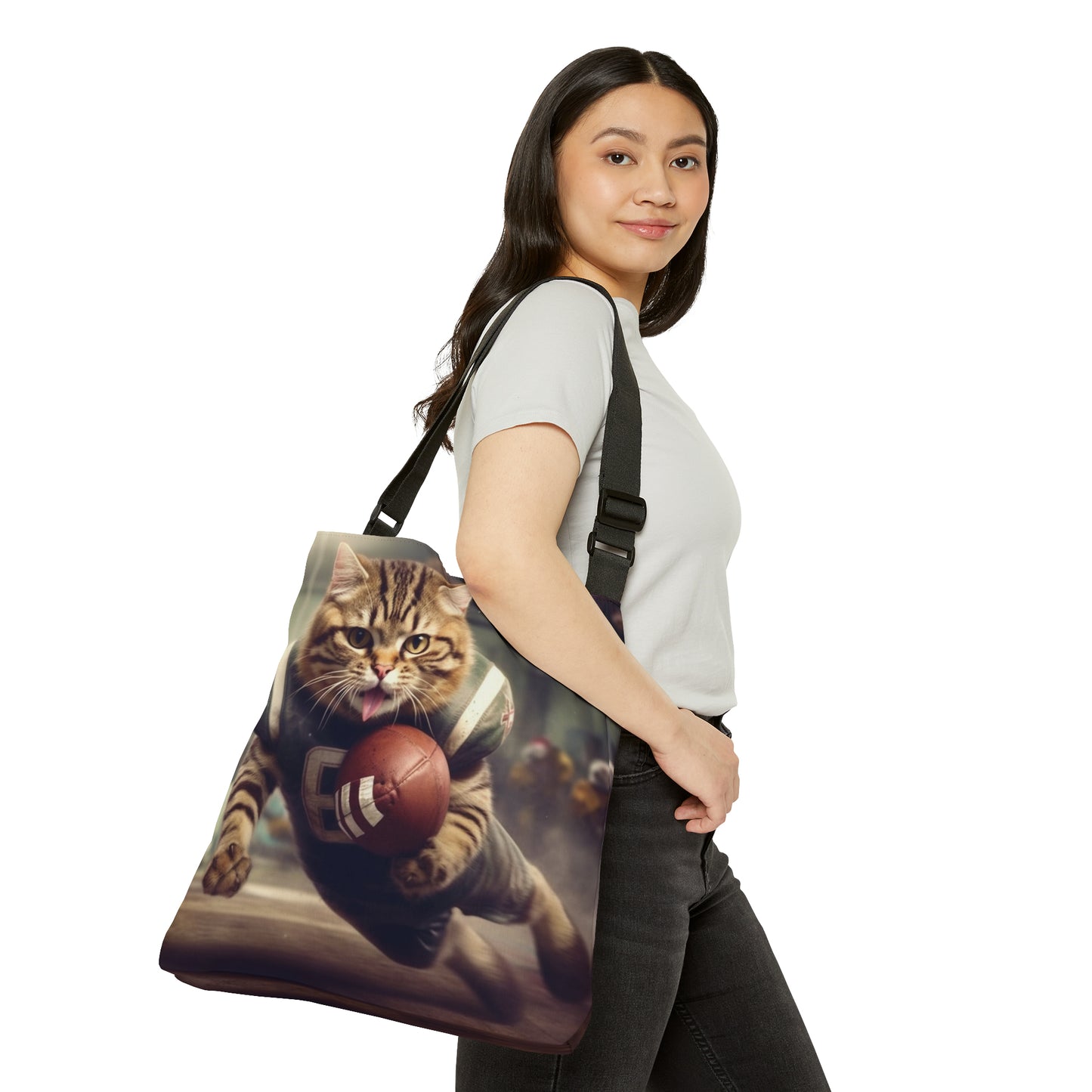 Football Field Felines: Kitty Cats in Sport Tackling Scoring Game Position - Adjustable Tote Bag (AOP)