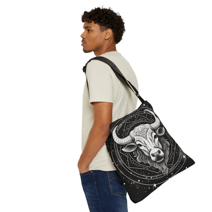 Taurus Zodiac Tote Bag, Black White Bull Design, 100% Spun Polyester, Adjustable Strap