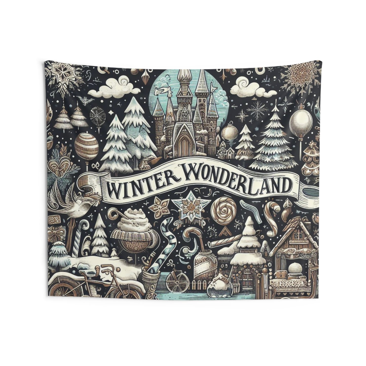Winter Wonderland Enchantment: Nostalgic Christmas Snowscape with Majestic Castle and Festive - Indoor Wall Tapestries