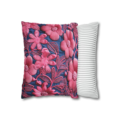 Denim Blue Doll Pink Floral Embroidery Style Fabric Flowers - Spun Polyester Square Pillow Case