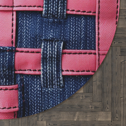 Candy-Striped Crossover: Pink Denim Ribbons Dancing on Blue Stage - Round Rug