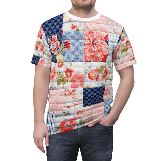 Floral Harmony Quilt, Blossom Patchwork, Blue and Pink Quilted Patterns, Garden Quilt, Soft Pastel Quilting Squares Design - Unisex Cut & Sew Tee (AOP)