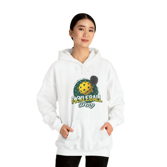 Pickleball Day Celebration Design with Whimsical Ball and Paddle Illustration - Unisex Heavy Blend™ Hooded Sweatshirt
