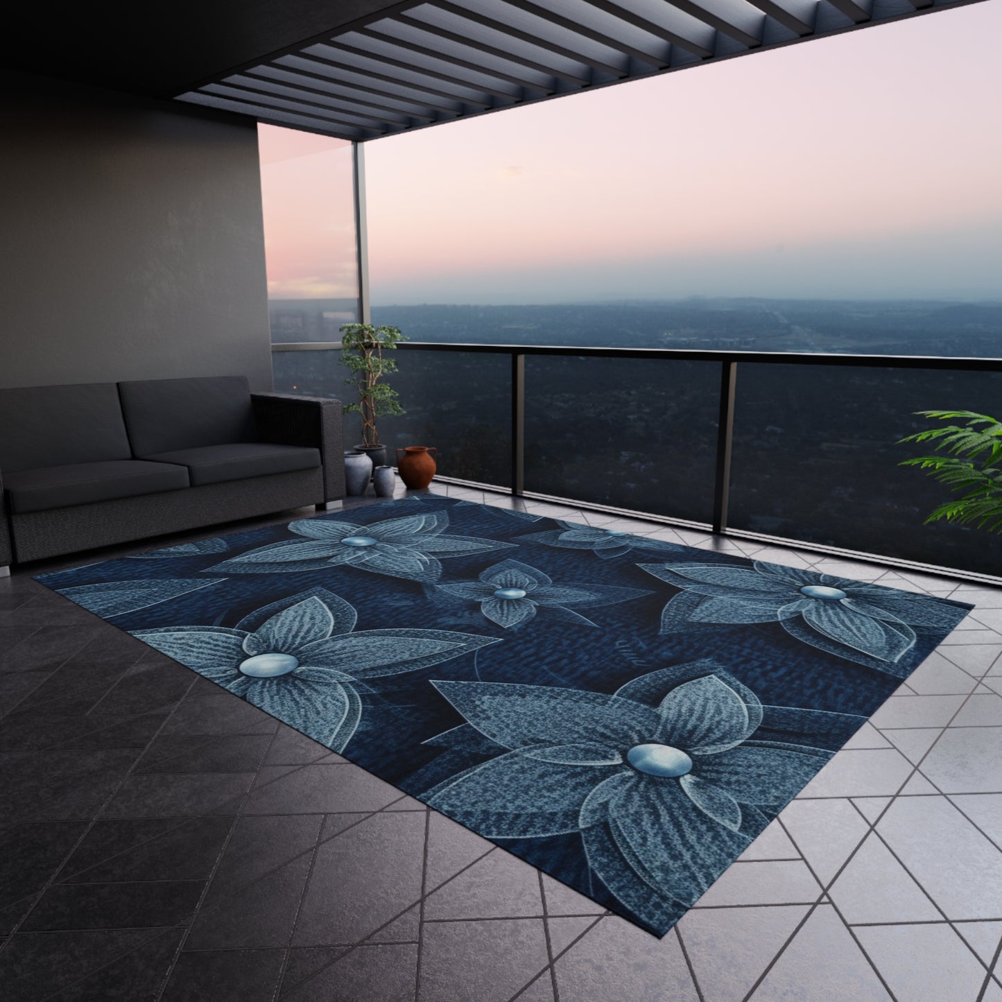 Hawaiian Flower Design - Denim-Inspired Decor Piece - Outdoor Rug