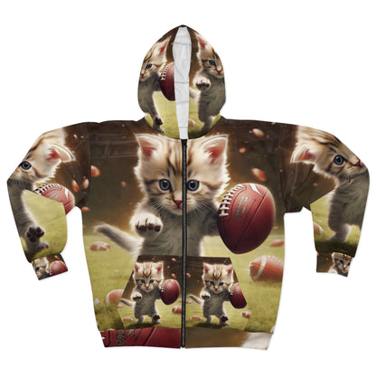 Football Kitty Fantasy: Feline Cat American Sport Quarterback - Unisex Zip Hoodie (AOP)